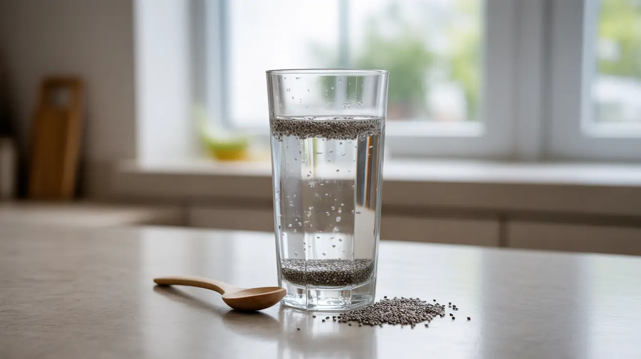 Close-up illustration of chia seeds swelling in a glass of water on a kitchen countertop, natural daylight illuminating the scene.