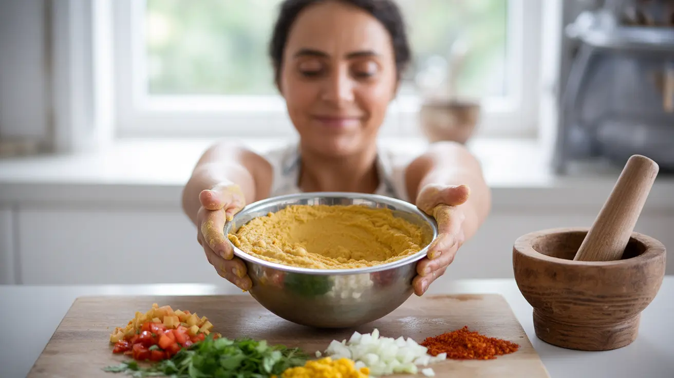 Close-up of a person mixing chickpea flour with fresh vegetables and spices in a bright modern kitchen, with nutritious ingredients artistically arranged.