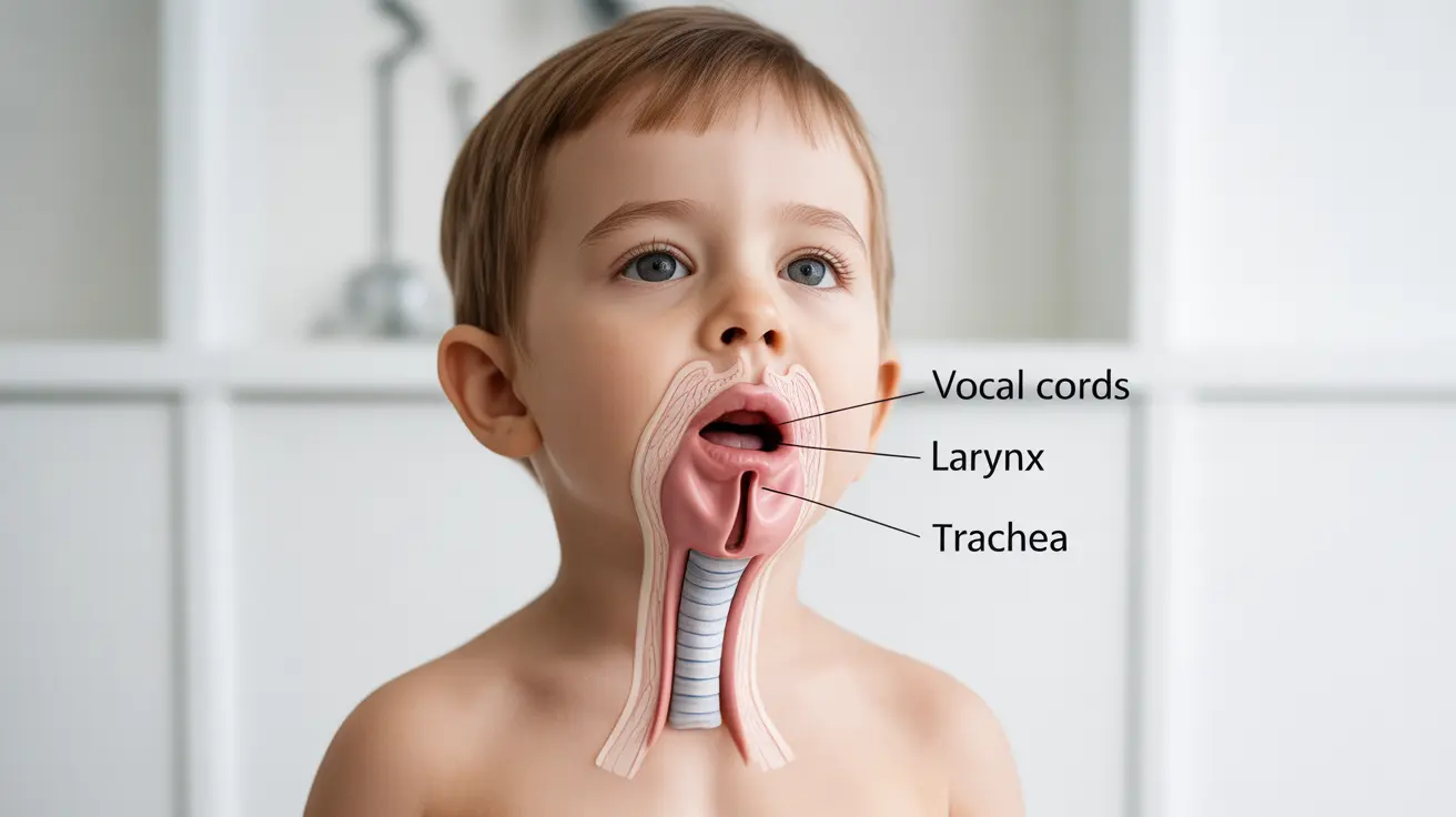 Detailed illustration of a child's upper airway anatomy, highlighting airway narrowing or blockage, with labeled structures like vocal cords, larynx, and trachea.