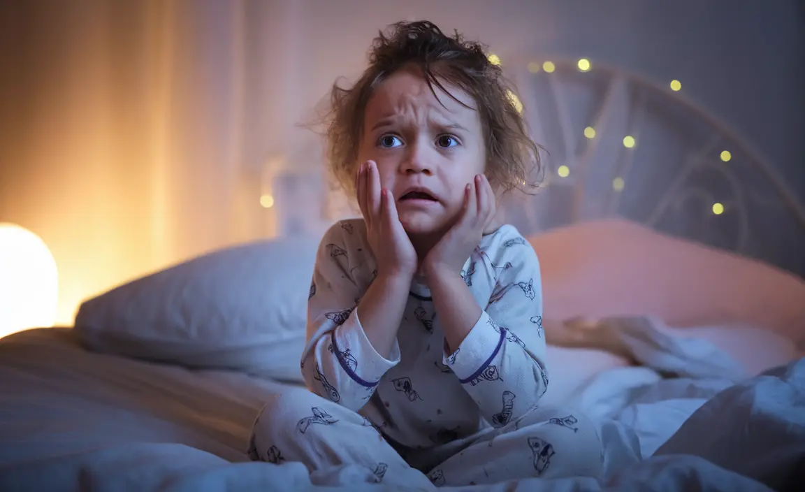 Detailed illustration of a child sitting on a bed, looking confused and disoriented, in a soft-lit bedroom environment, illustrating symptoms of confusional migraine.
