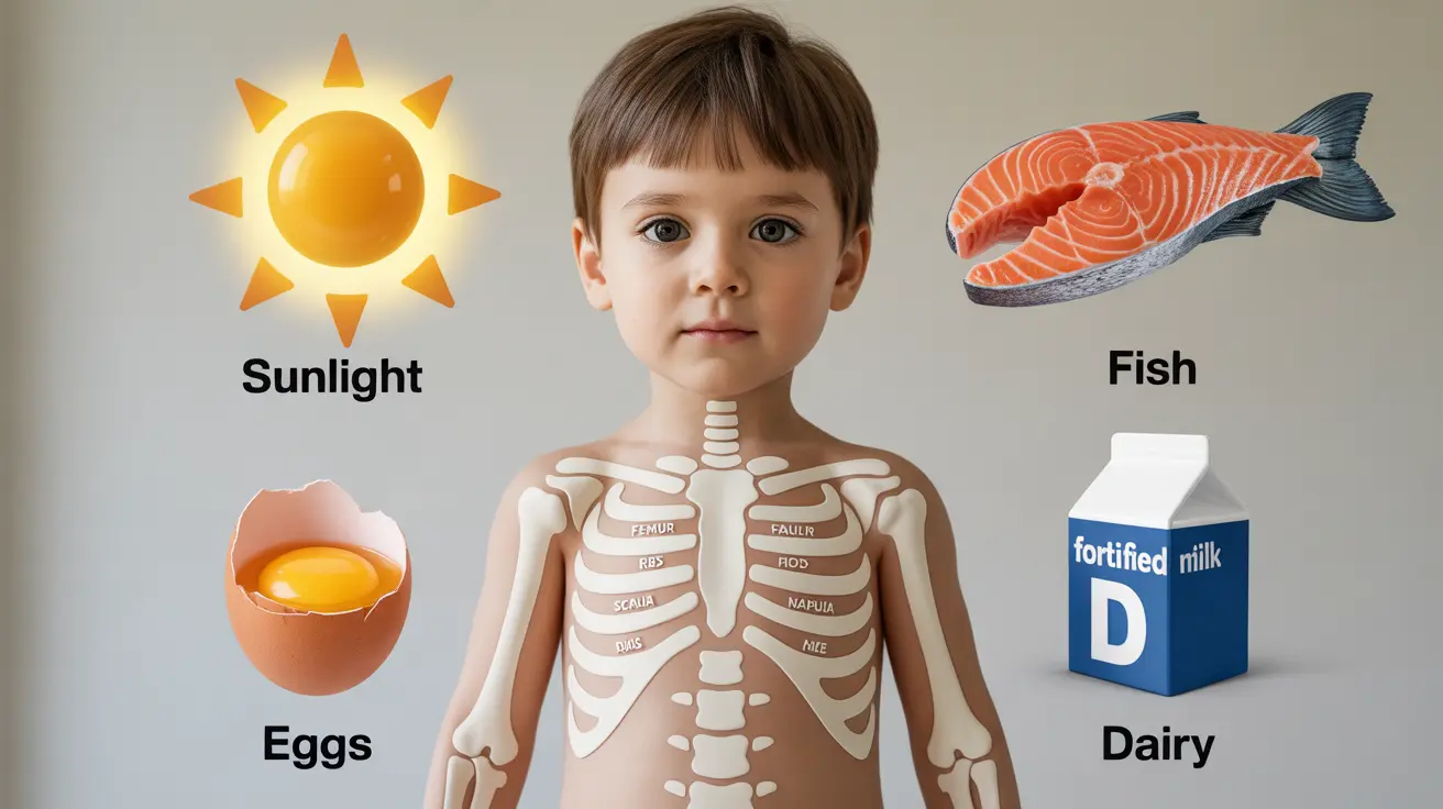 Illustration of child's skeletal structure highlighting bone health, sources of vitamin D like sunlight and foods such as fish, eggs, fortified dairy, with informative labels in an educational setting.