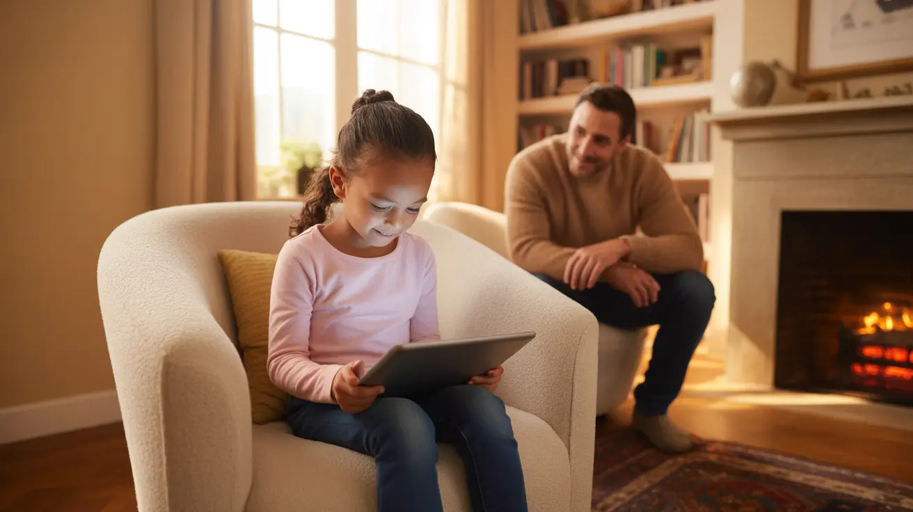 Detailed illustration of a child focused on a tablet or smartphone with a parent watching thoughtfully in a cozy home living room.
