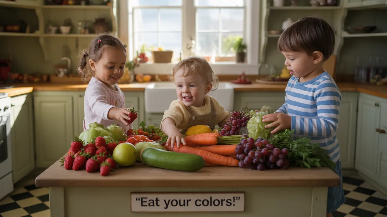 Children happily selecting and enjoying a variety of fiber-rich foods including colorful fruits and vegetables in a welcoming kitchen setting