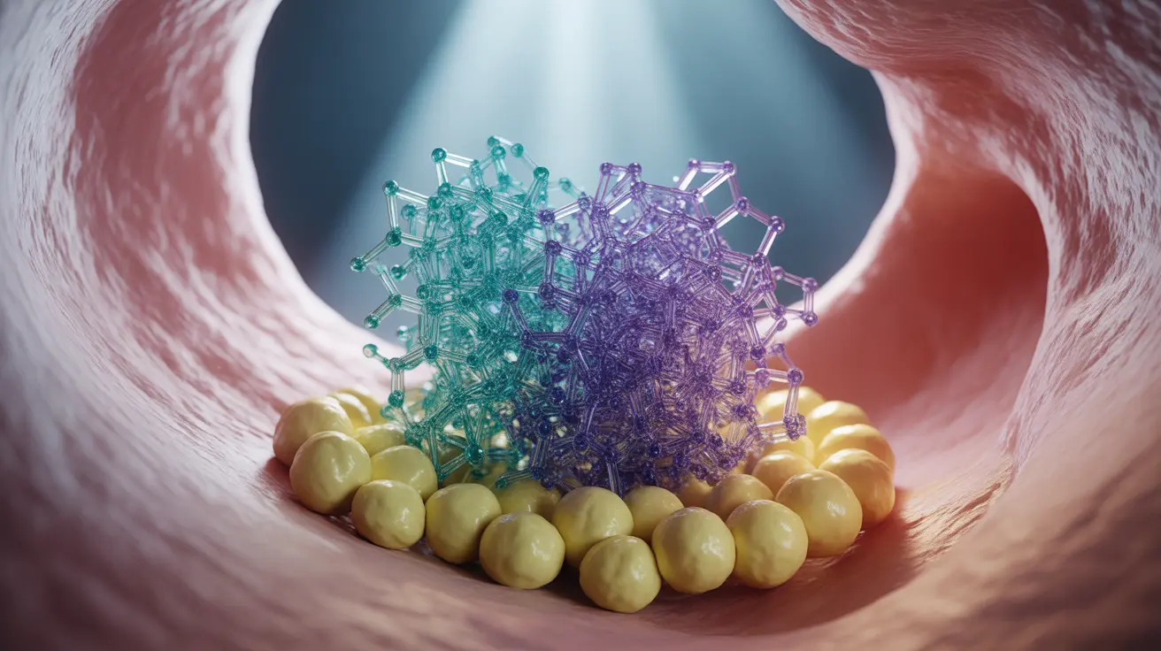 Abstract illustration of chitosan molecules forming gel with fat molecules against a digestive system background