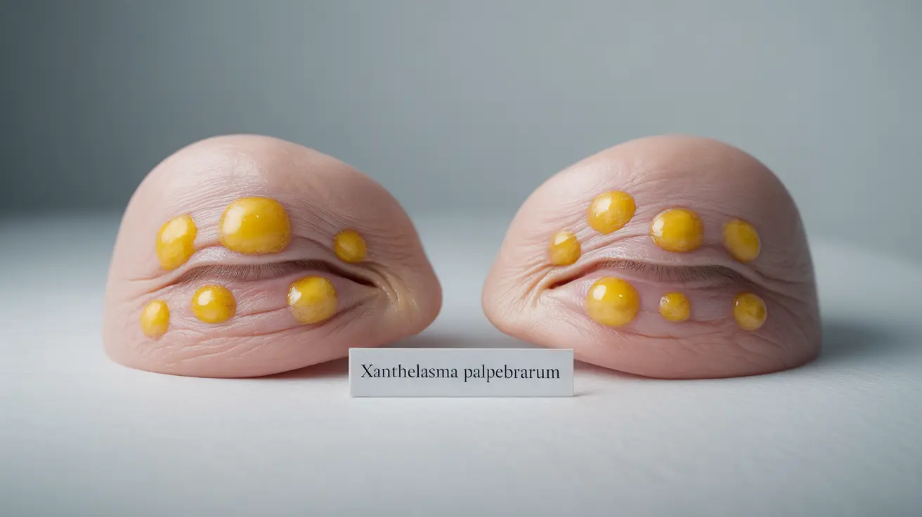 Detailed illustration of cholesterol bumps (xanthelasma) on eyelids, showcasing raised yellowish patches, set against a neutral clinical background.