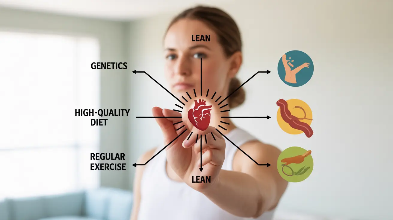 Detailed illustration, informative diagram showing the relationship between cholesterol levels and factors like genetics, diet quality, and exercise for thin individuals.