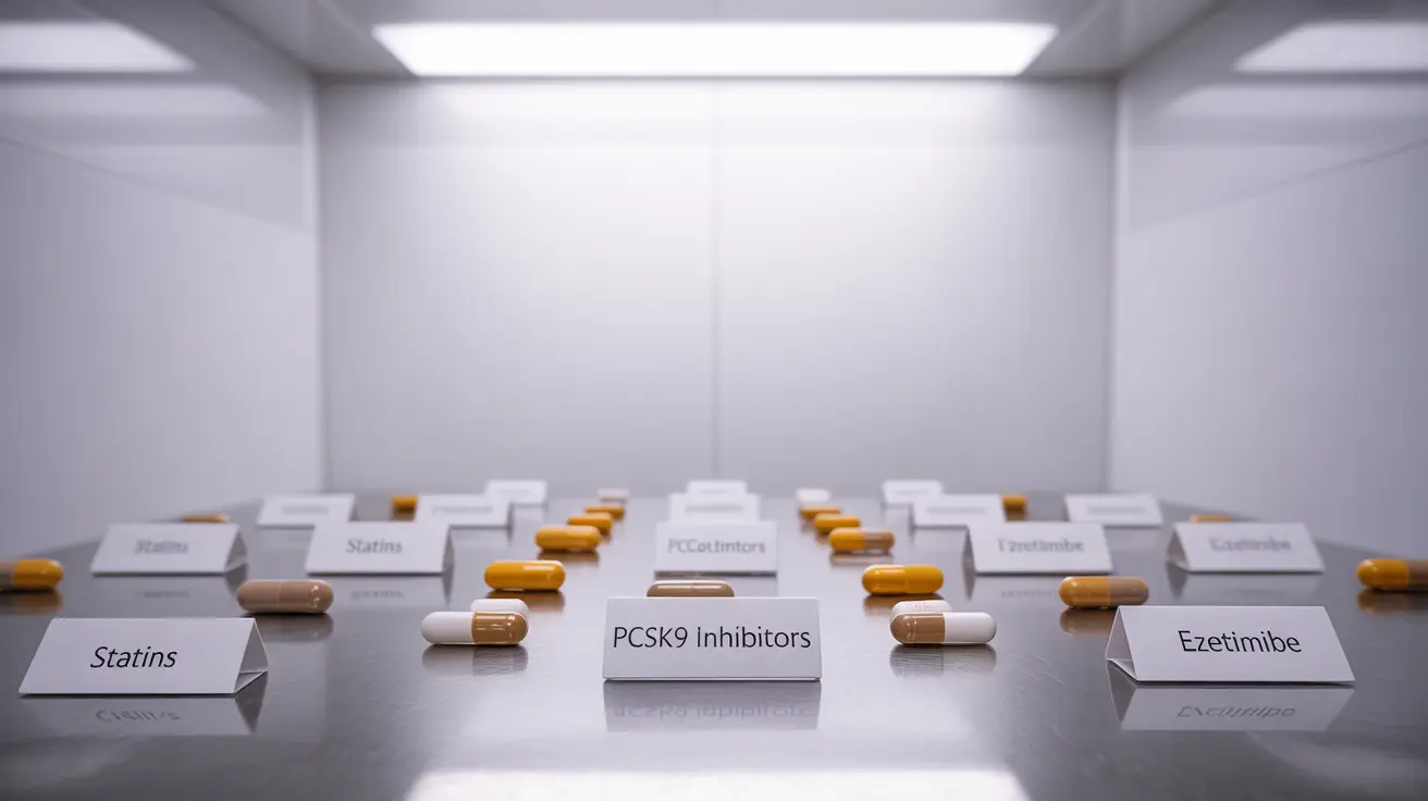 Detailed illustration with cholesterol-lowering pills labeled as Statins, PCSK9 inhibitors, and Ezetimibe in a clinical setting