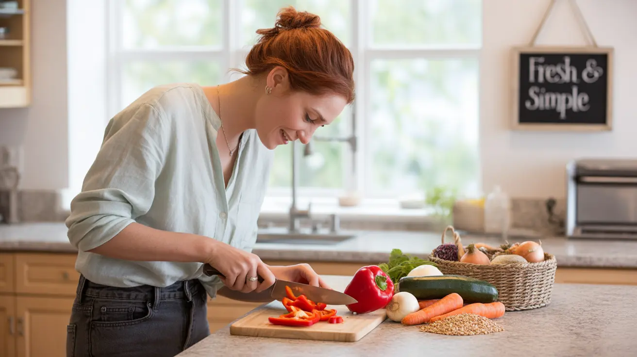 Person chopping fresh vegetables and arranging whole grains on a kitchen counter in a bright modern kitchen.