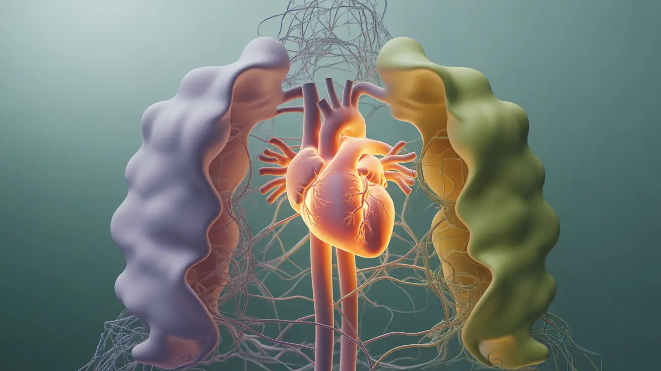 Illustration of interconnected human body systems affected by stress with hormonal waves highlighting heart, digestive, brain, and immune cells against an abstract background