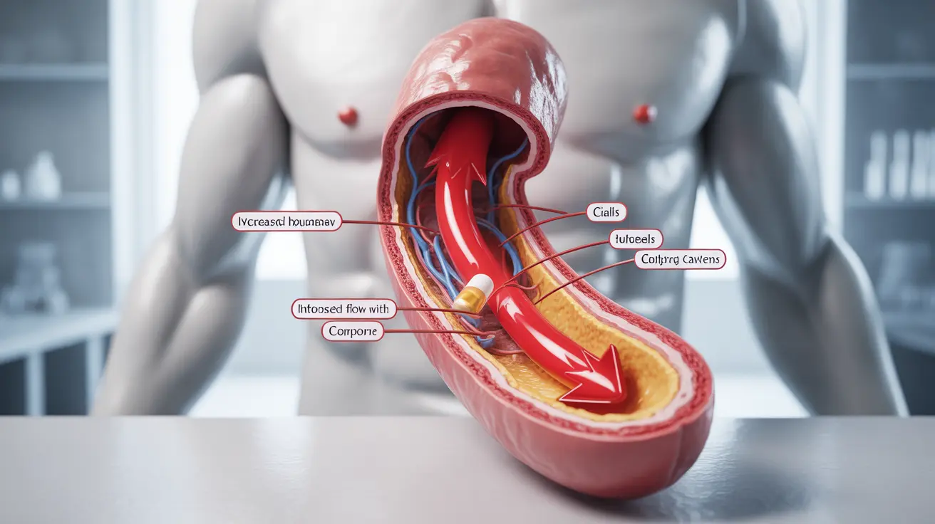 Detailed illustration of Cialis's mechanism of action within the human body, highlighting increased blood flow to specific areas, with clear labels and annotations in a clinical background.