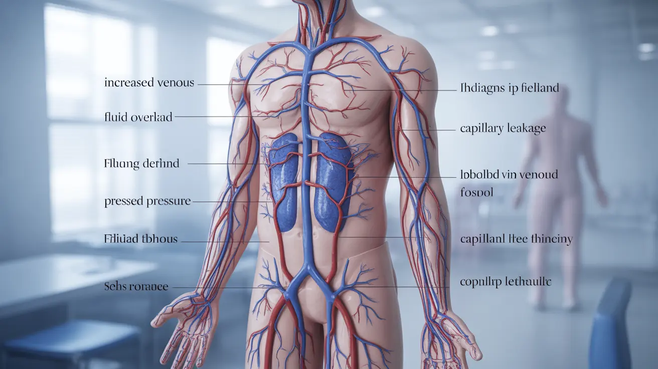 Detailed anatomical illustration showing the circulatory system with highlighted blood vessels affected by hypervolemia, clear labels indicating signs of fluid overload.