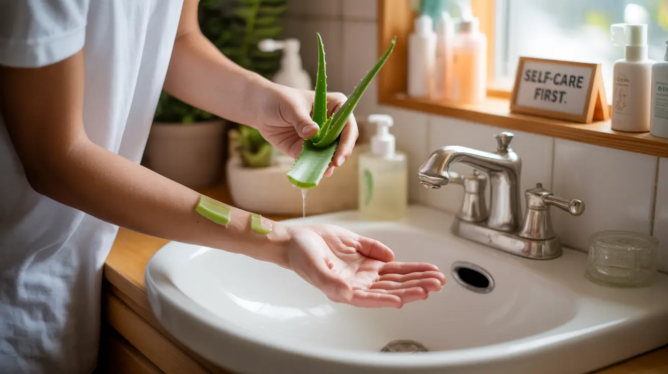 Detailed illustration of a person gently cleaning and applying aloe vera gel to impetigo sores on their arm in a cozy bathroom setting