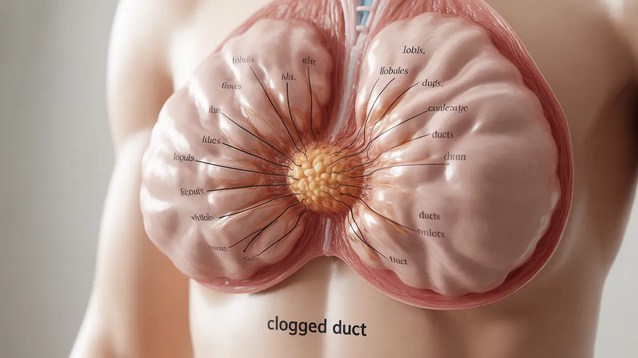 Illustration of breast anatomy highlighting a clogged milk duct, with labels showing milk duct and tissues on a white background.