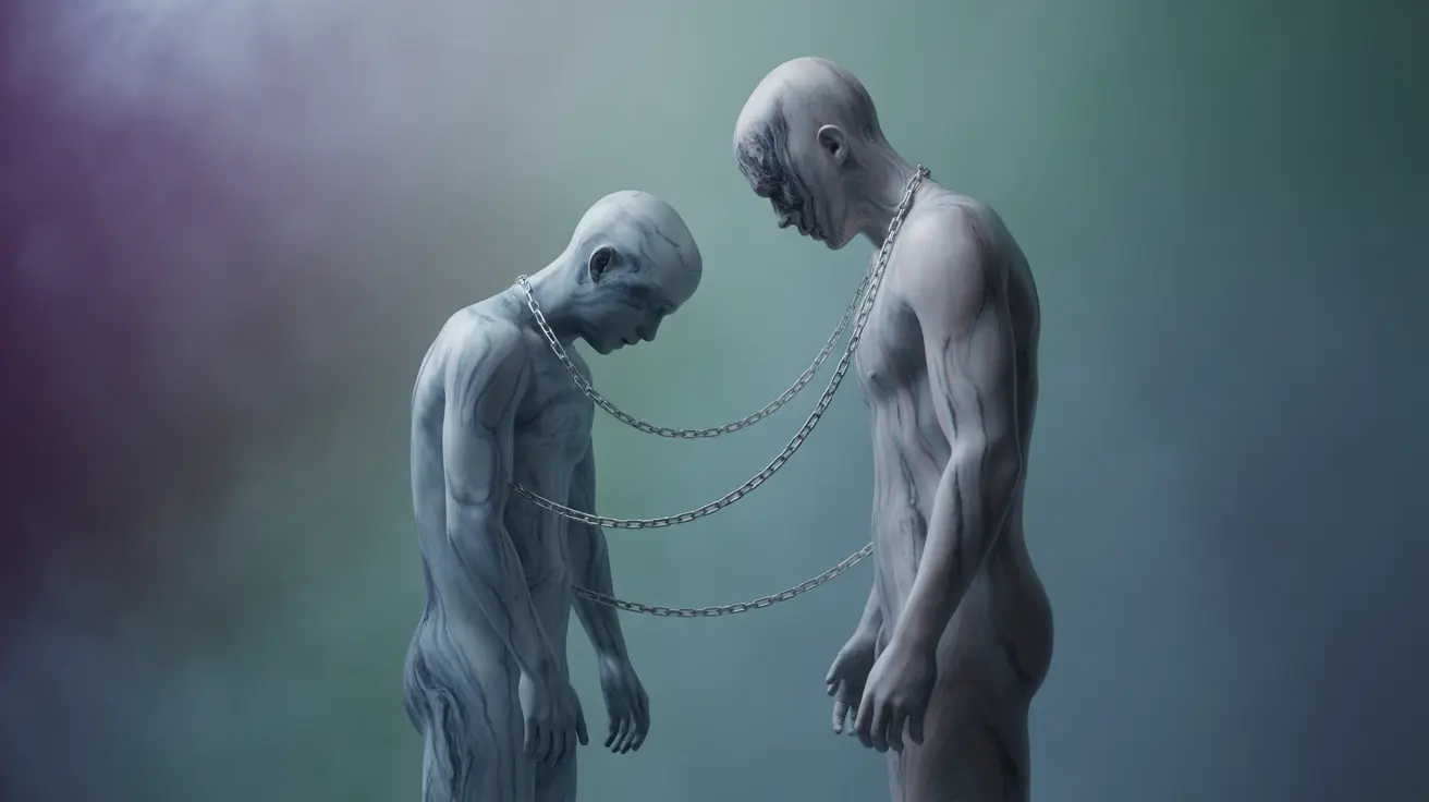 Abstract figures symbolizing anxiety and fear, with chains, set against an abstract background, representing Cluster C personality disorders in soft lighting.