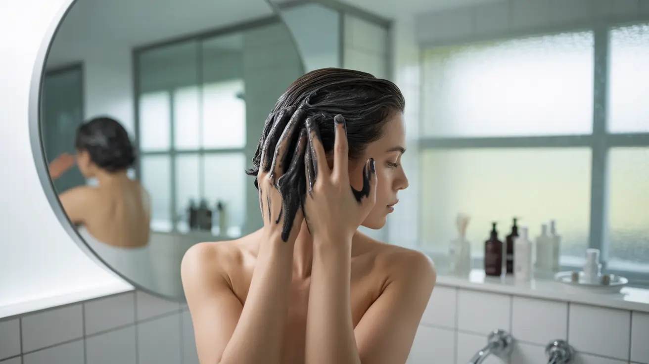 Person looking in mirror massaging coal tar shampoo into scalp, bathroom setting, focus on hands.
