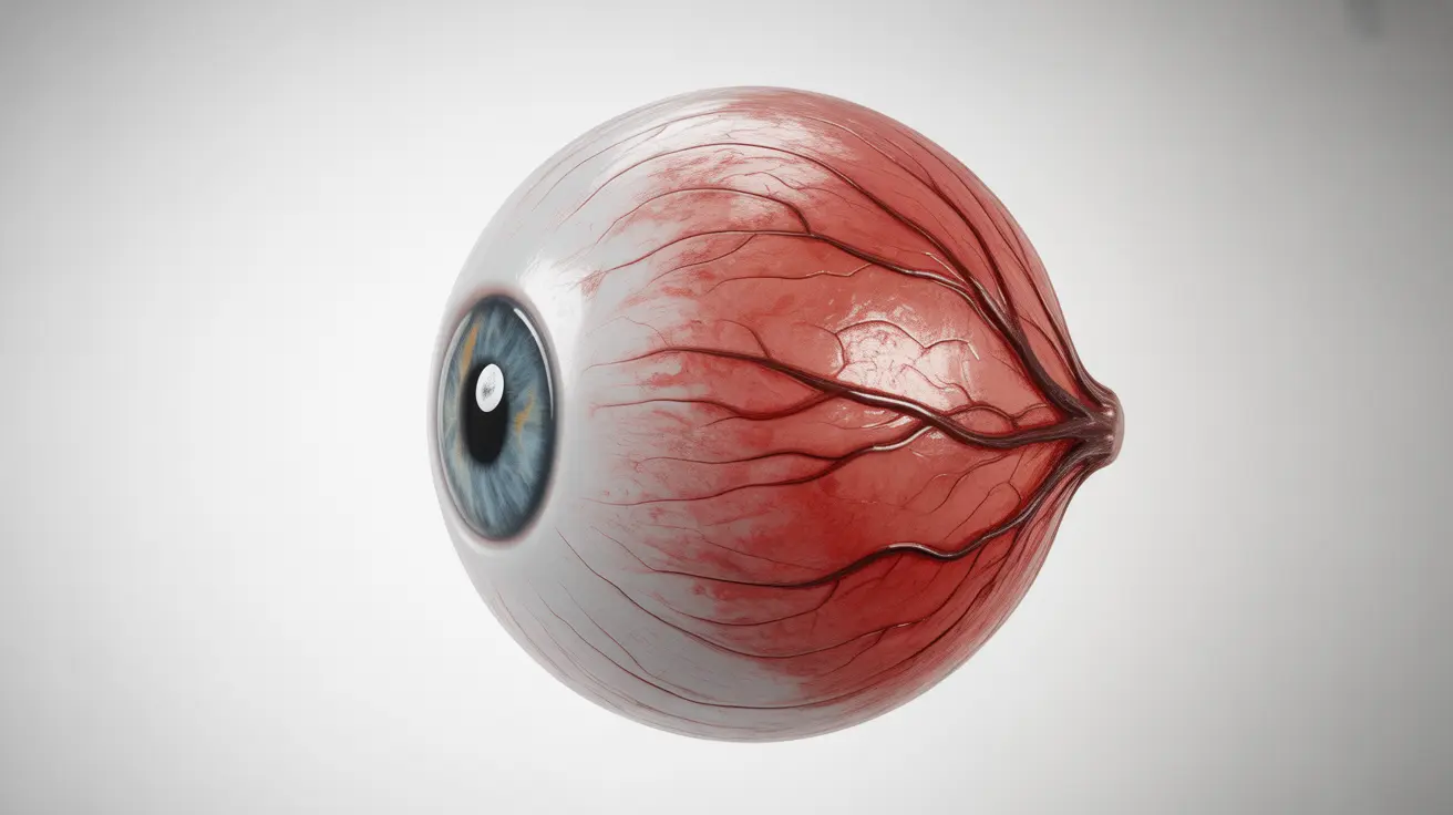 Detailed illustration of a human eye with a dilated pupil and expanded red blood vessels, highlighting effects such as 'coke eyes'.