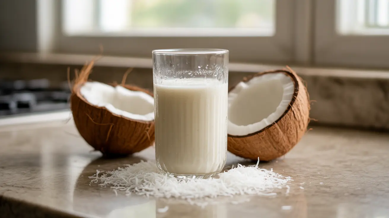 Glass of creamy white coconut milk on kitchen countertop with fresh coconut halves and grated coconut in natural light