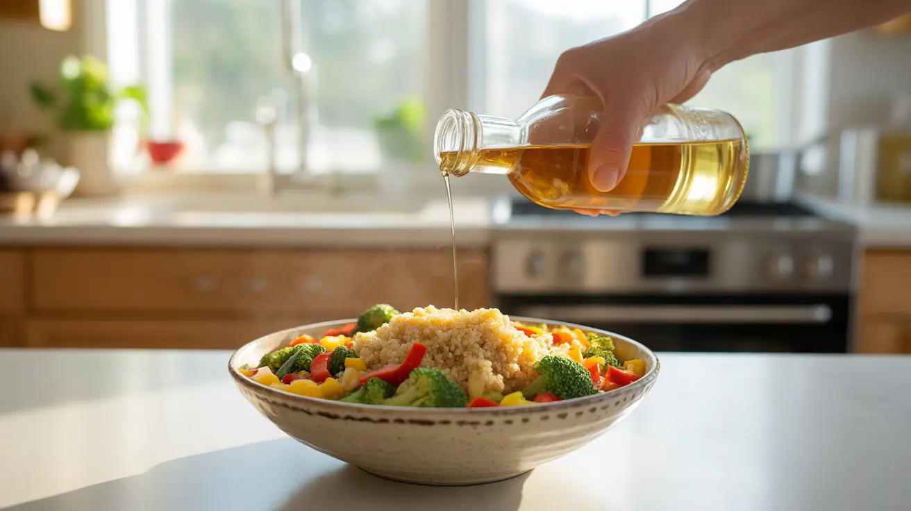 Close-up of coconut oil being poured into a bowl of fresh vegetables and quinoa on a kitchen counter, bright natural daylight
