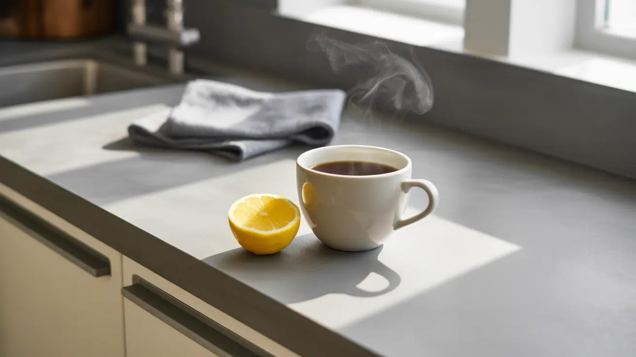A cup of coffee with a lemon slice beside it on a modern kitchen countertop in bright daylight