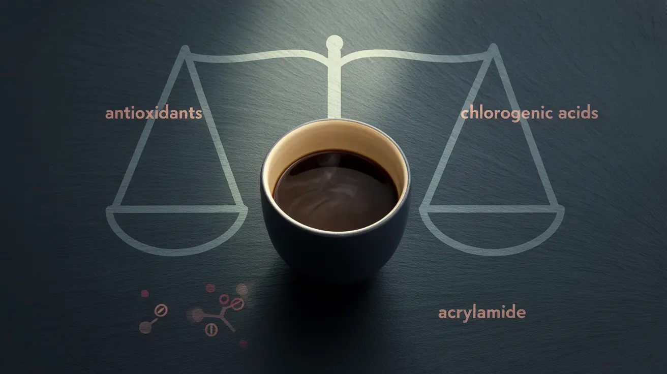 Coffee cup with protective and harmful molecular symbols, including antioxidants and acrylamide. Background shows a balance scale motif representing coffee's cancer risk.