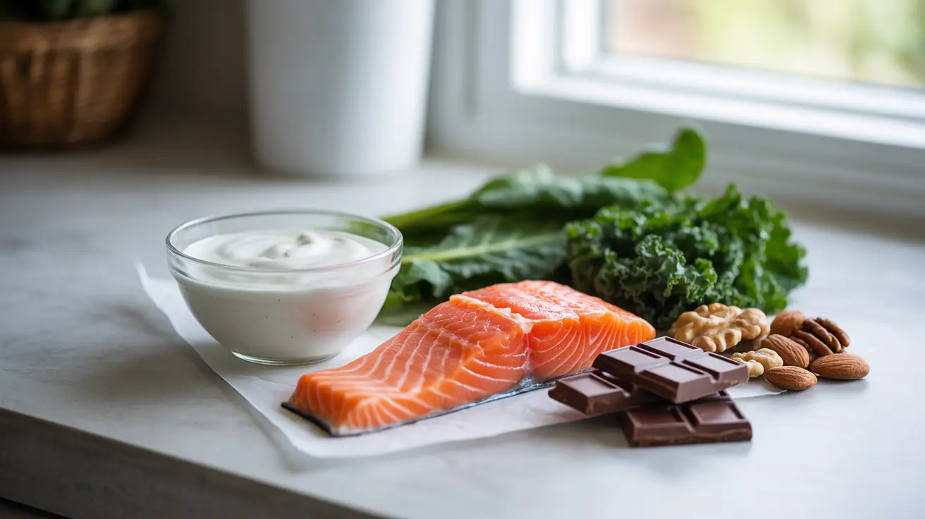 Detailed illustration of a clean kitchen countertop with healthy food ingredients like Greek yogurt, fish, leafy greens, and nuts arranged invitingly.