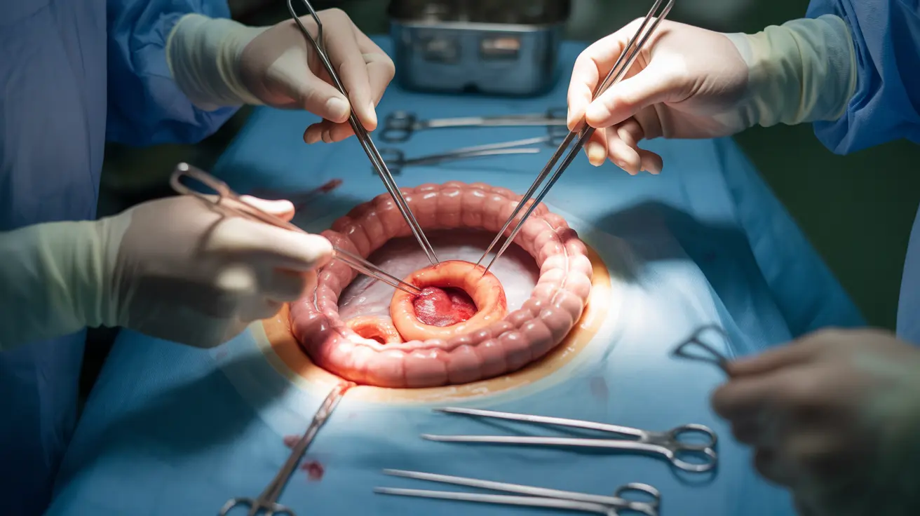 Detailed illustration of a colectomy procedure for ulcerative colitis, showcasing the removal of the colon and rectum, with the creation of an ileal pouch in a bright surgical setting.