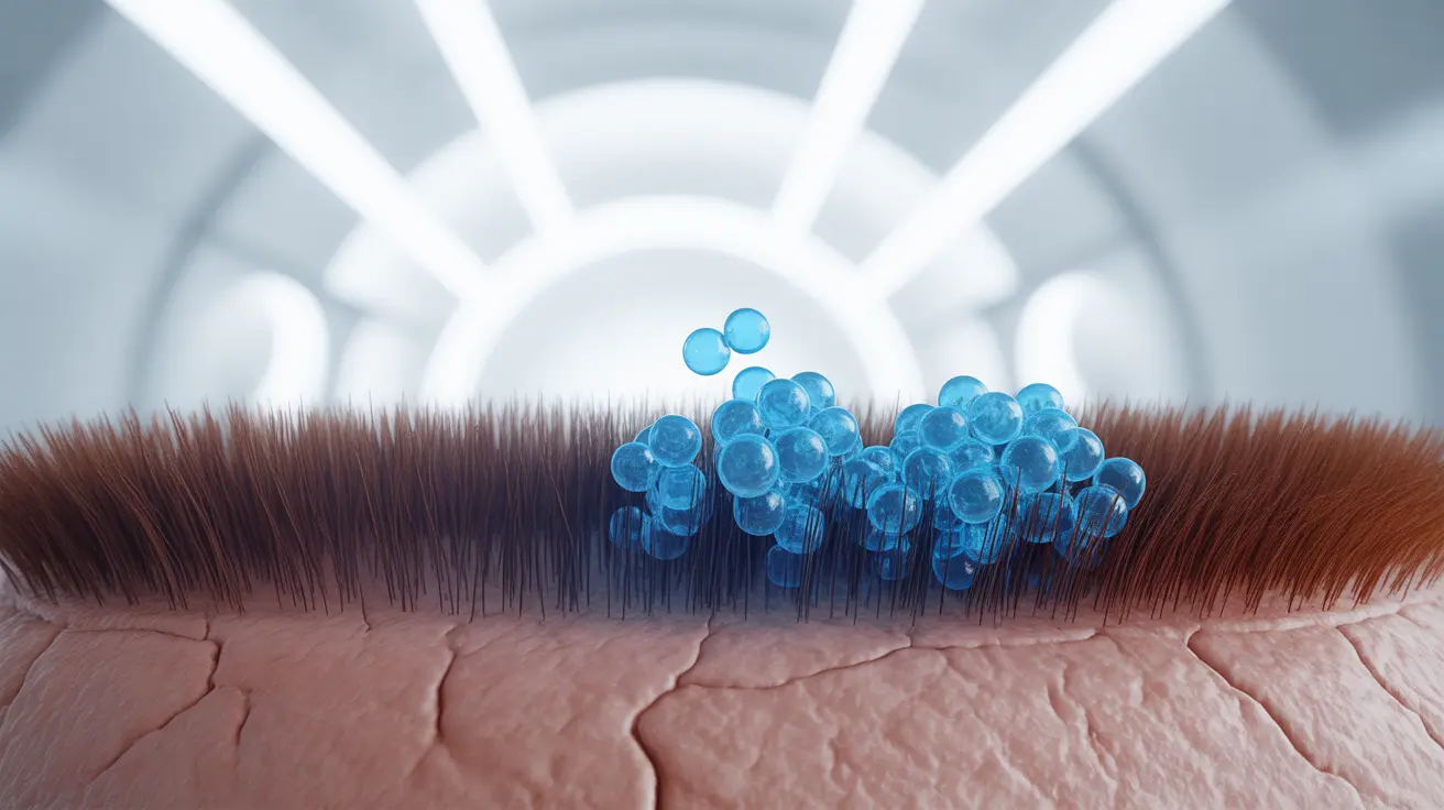 Detailed illustration, bright clean background, showing cross-section of hair follicles with visible collagen molecules being absorbed, highlighting the interaction between collagen and hair structures, informative and scientific tone.