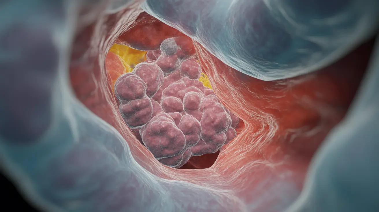 Detailed illustration of colon interior with pseudopolyps, elevated tissue islands, clinical lighting, educational mood