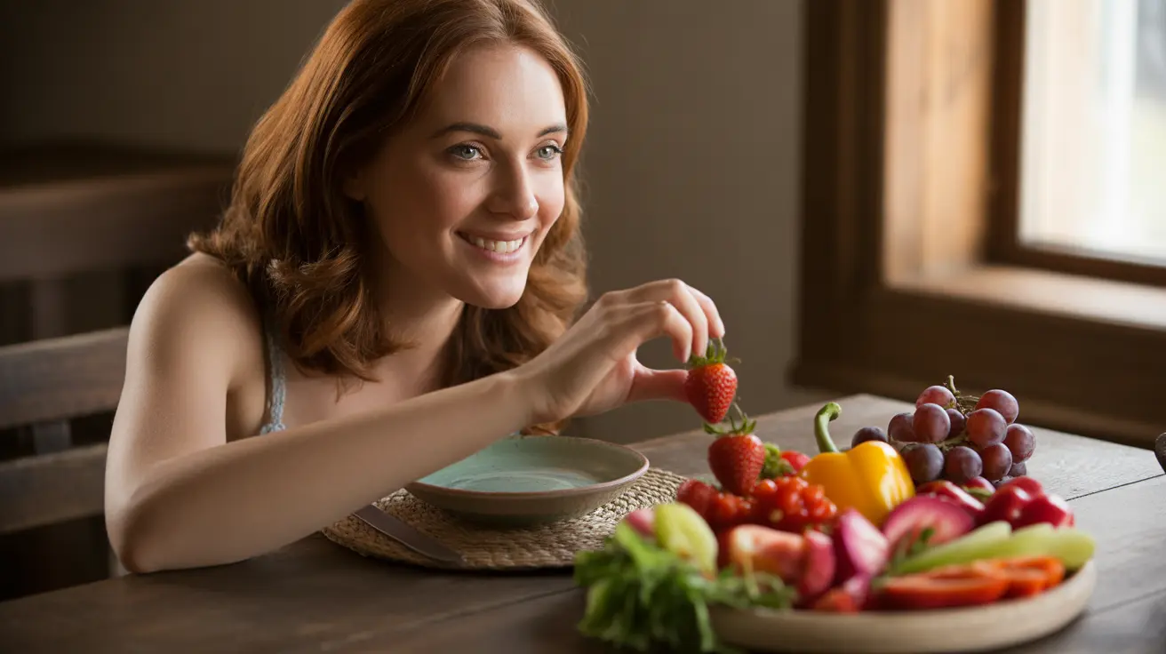 Person joyfully savoring a beautifully arranged plate of colorful fruits and vegetables at a cozy dining table, relaxed and cheerful atmosphere.