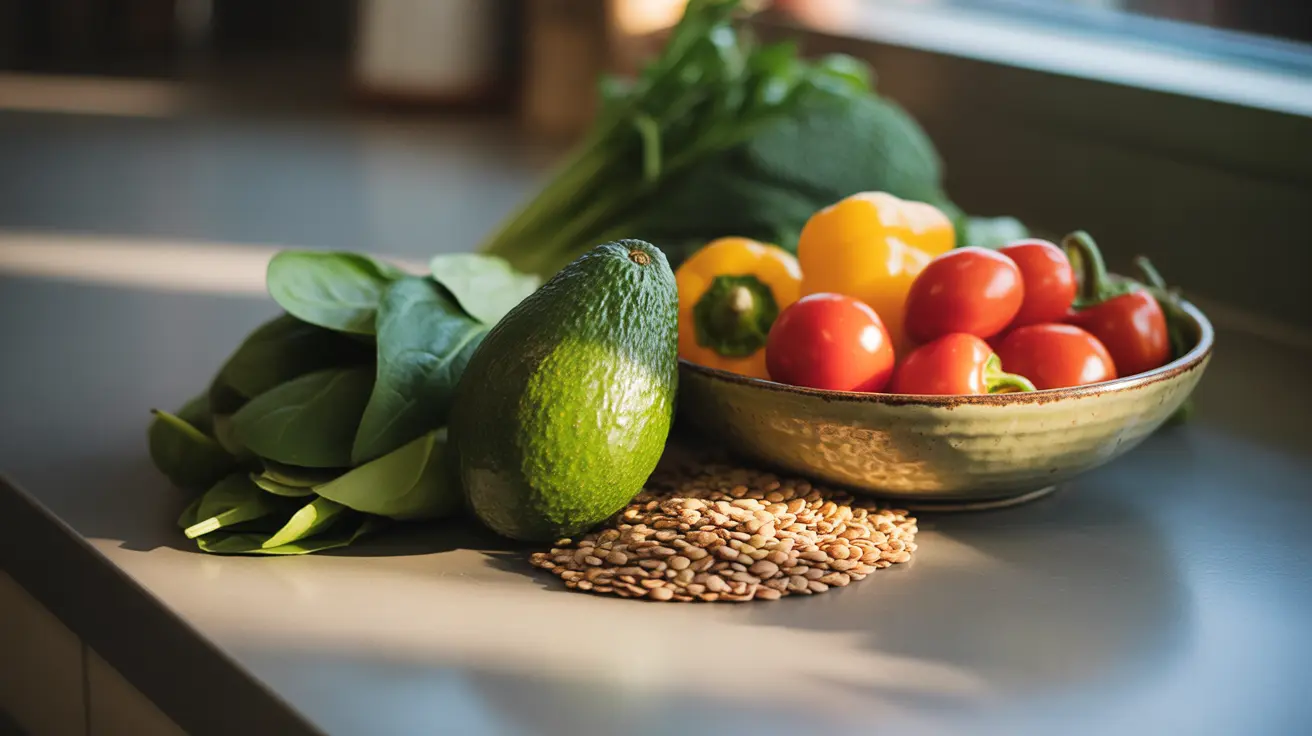 Assorted colorful fruits and vegetables including spinach, avocado, and lentils displayed on a modern kitchen counter in bright natural daylight.