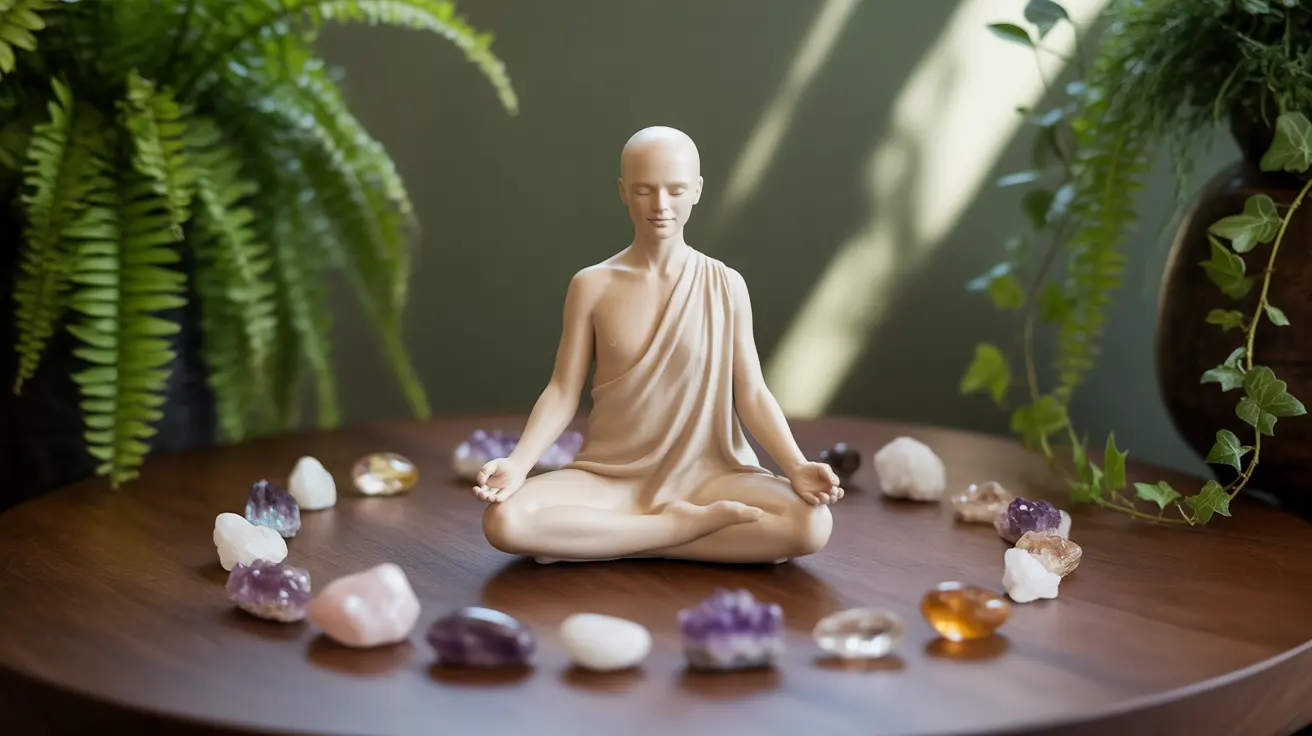 Detailed illustration of an array of colorful healing crystals arranged around a meditative figure sitting cross-legged on a smooth wooden surface, surrounded by soft natural light filtering through plants.