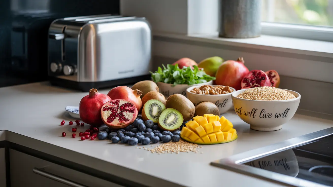 Colorful spread of fresh fruits, vegetables, legumes, nuts, and whole grains arranged on a modern kitchen counter, bright and inviting.