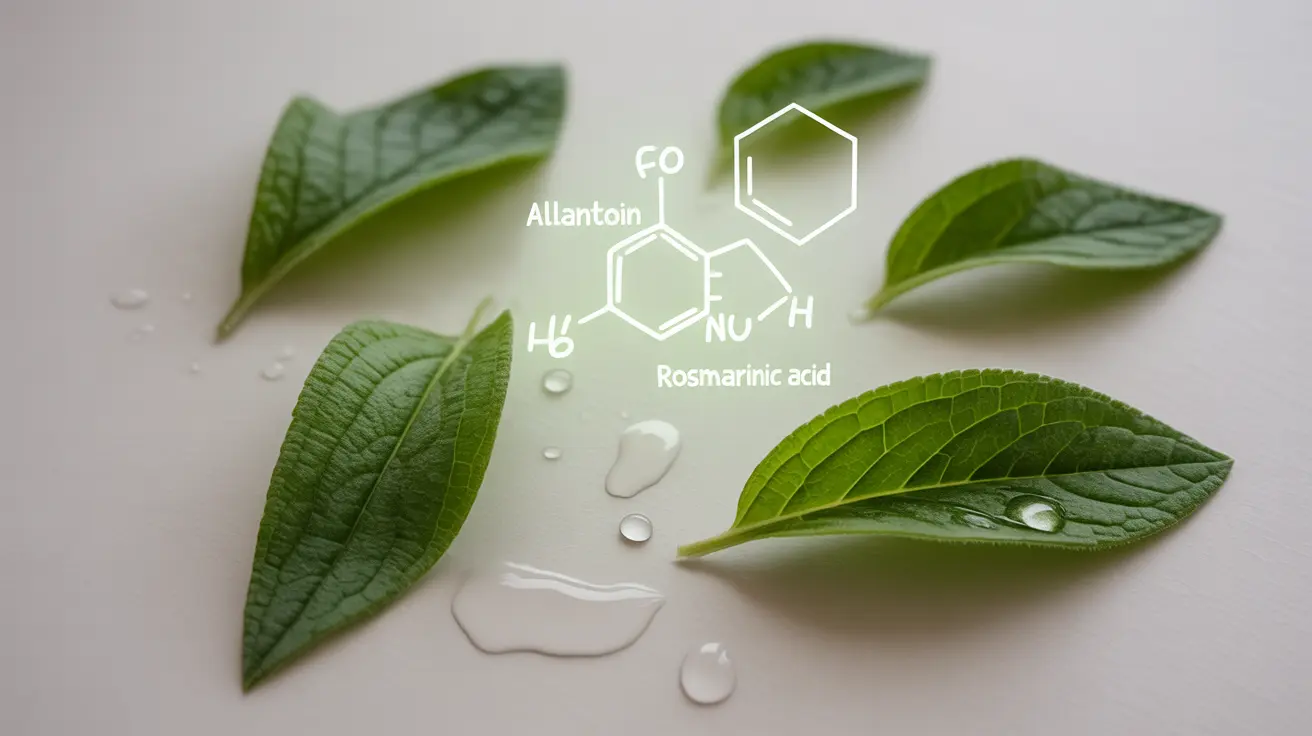 Detailed illustration of comfrey plant leaves, showcasing chemical structures of allantoin and rosmarinic acid, with an abstract background highlighting healing properties.