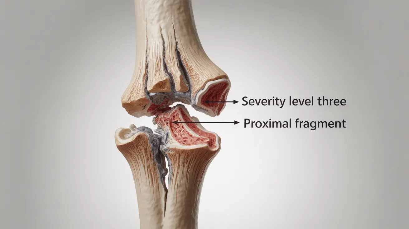 Detailed illustration of a comminuted fracture in a long bone, showcasing multiple fragments at the fracture site with educational labels.