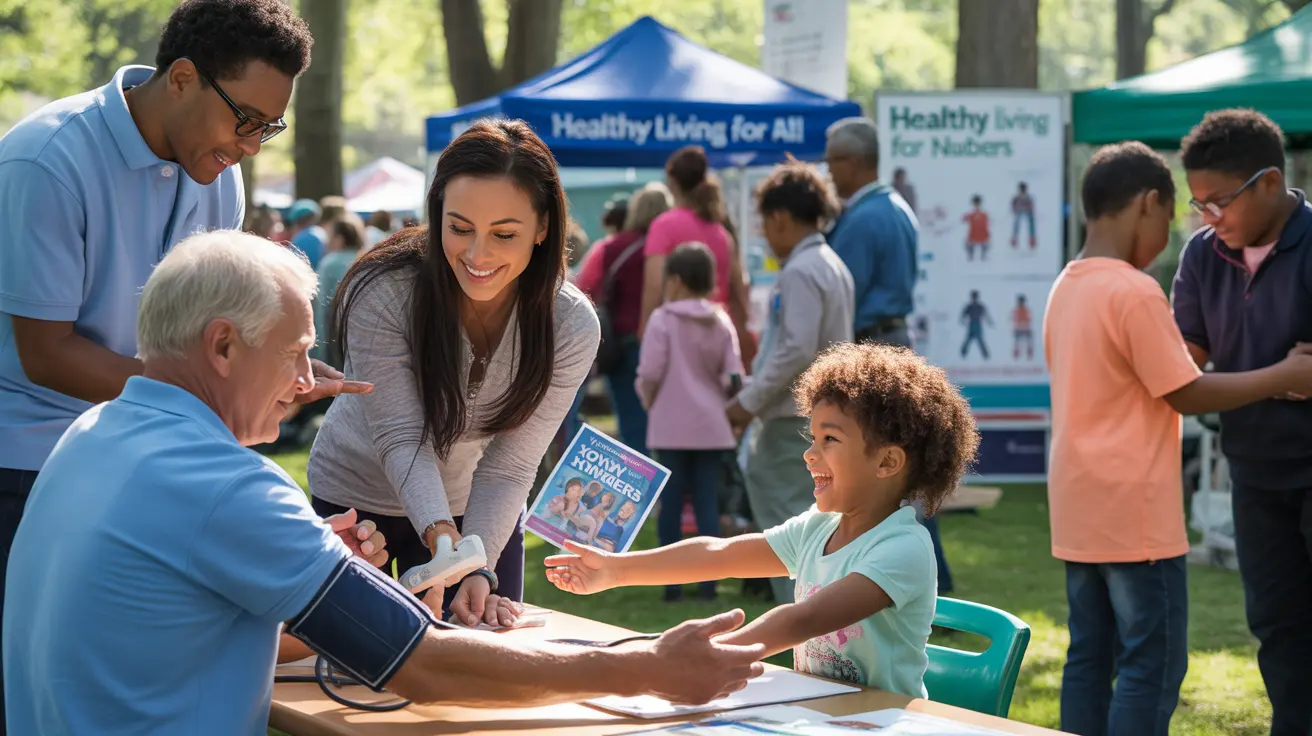 Diverse group at community health fair with blood pressure checks, eye exams, outdoor exercises, and informational booths.