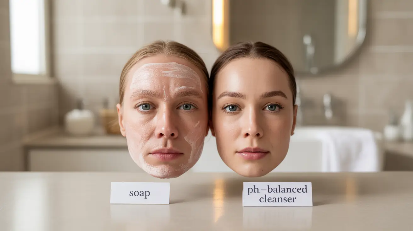 Detailed illustration showing comparison of facial skin affected by traditional bar soap versus pH-balanced facial cleanser in a soft bathroom setting.
