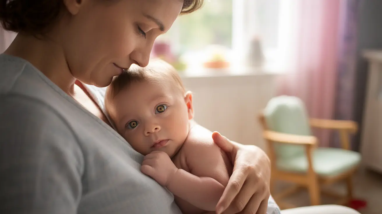 Concerned parent holding a 1-month-old baby with yellow eyes in a softly lit nursery, conveying a caring and attentive mood.
