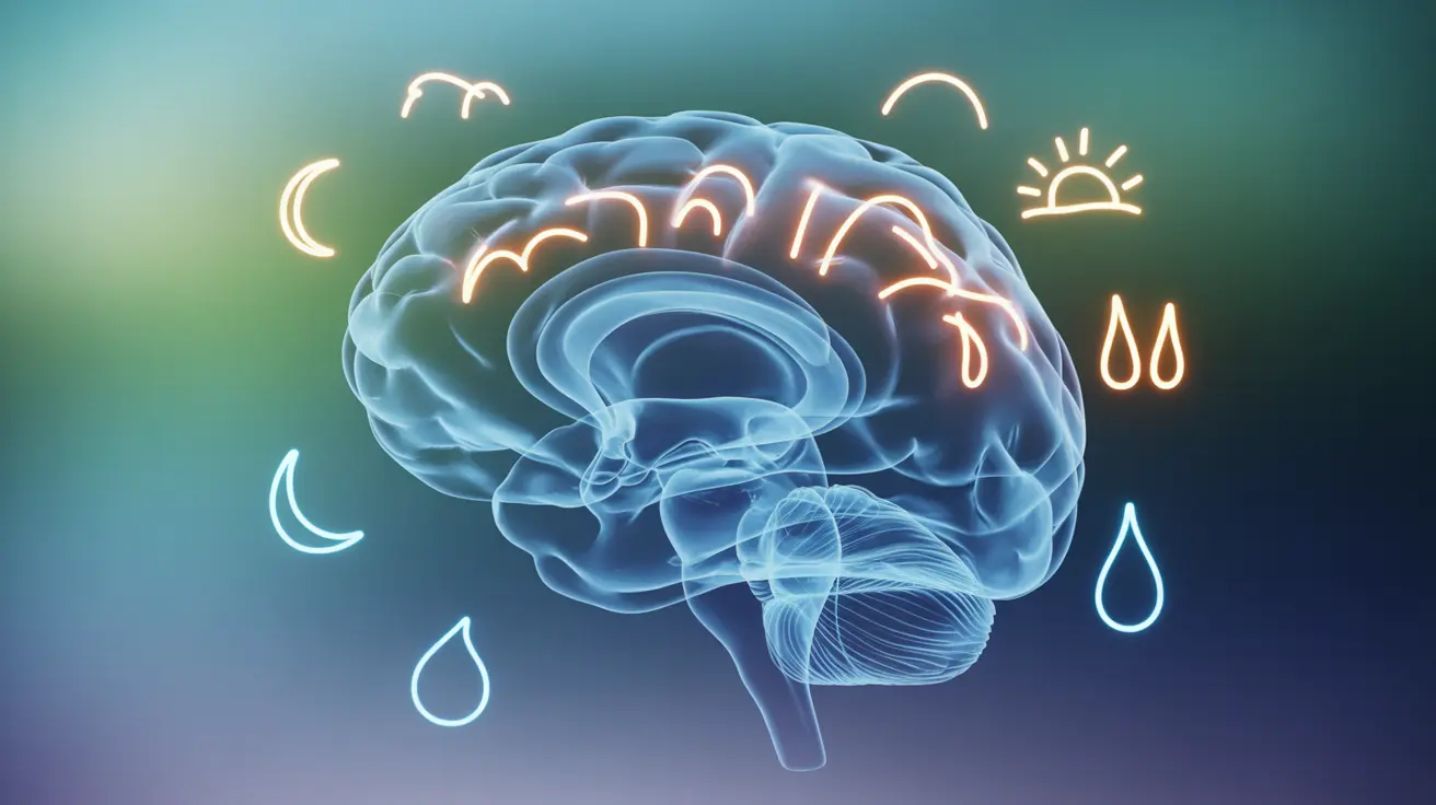 Abstract representation of a human brain with highlighted mood regulation systems and neural pathways in calming blues and greens