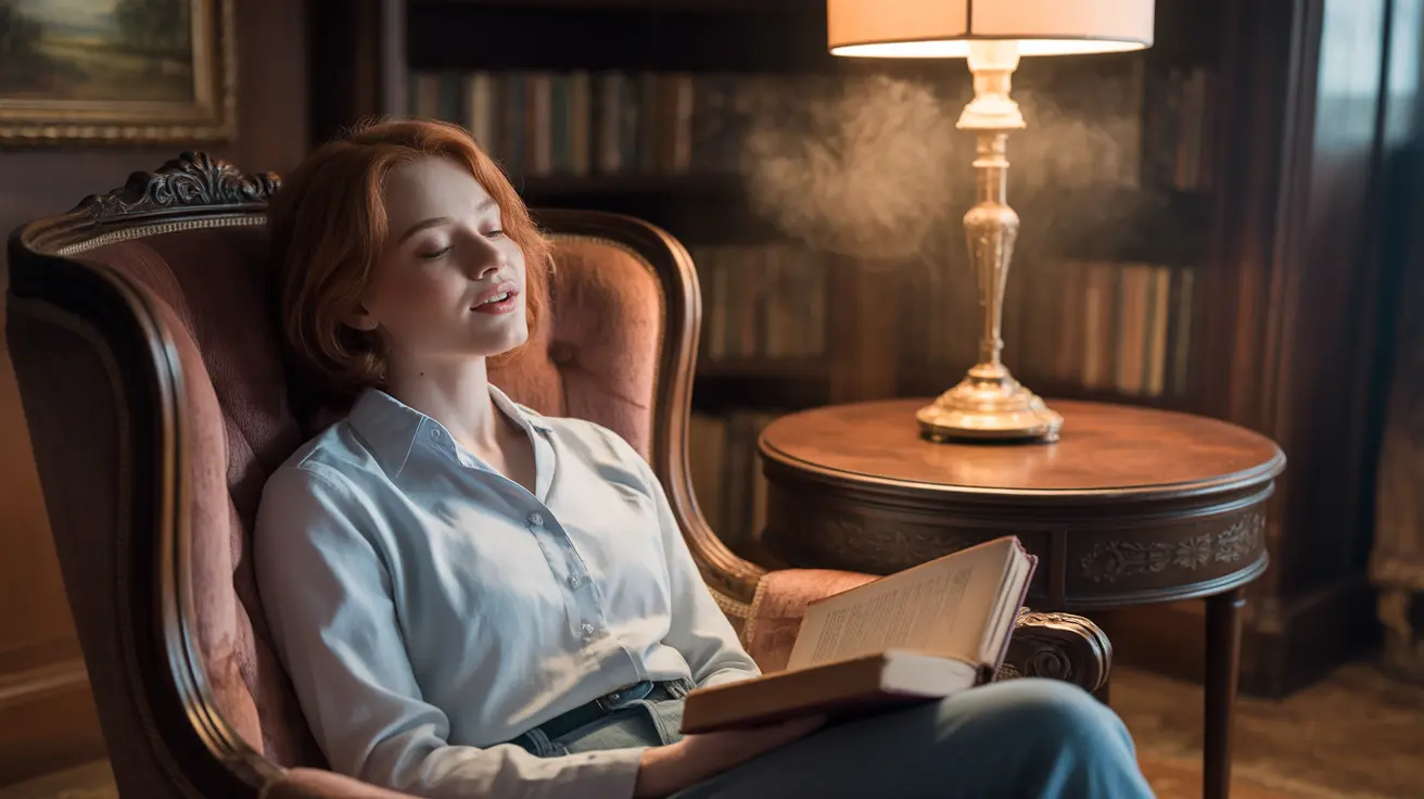 Person sitting quietly in a dim room, resting after a concussion, calm and serene expression in a softly cushioned chair.