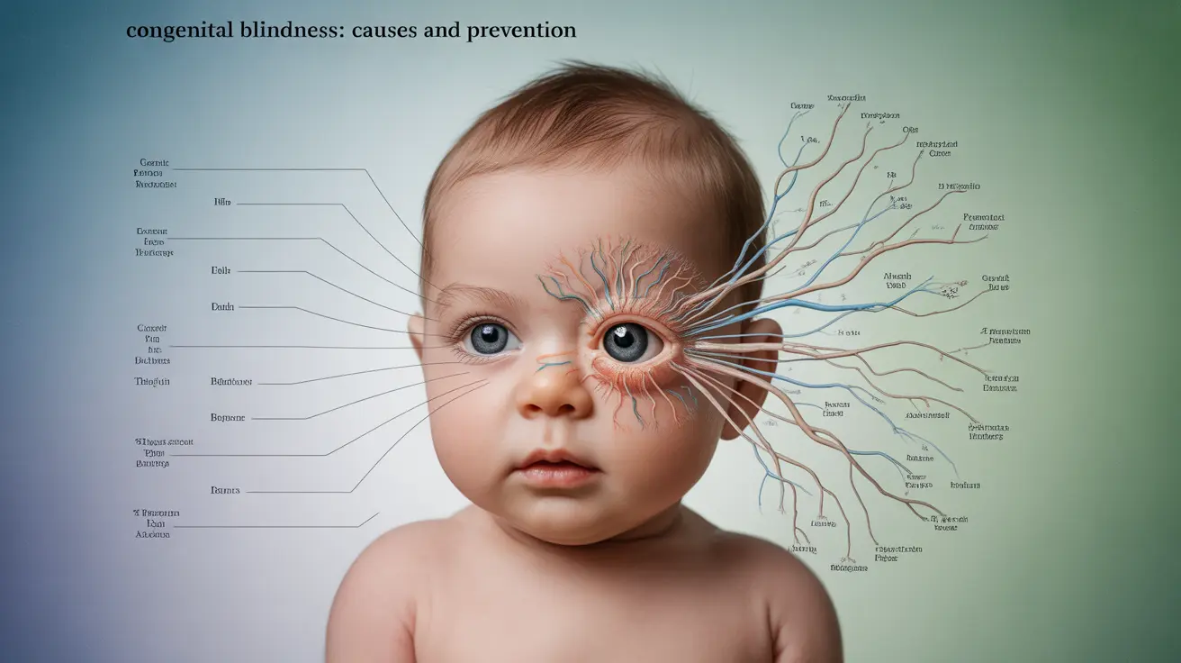 Illustration of causes of congenital blindness in infants, with genetic mutations, eye abnormalities, and pregnancy infections, on medical data background.