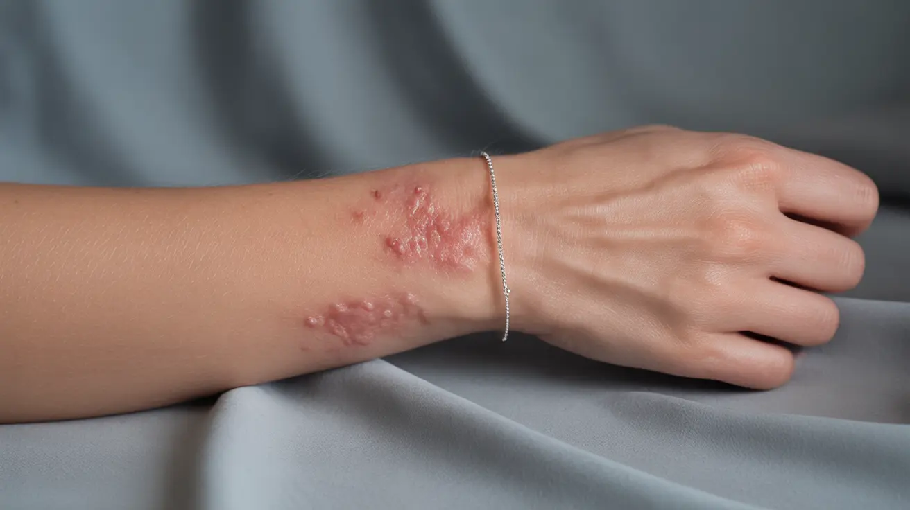 Close-up of a forearm showing contact dermatitis symptoms like redness and rashes against a neutral studio backdrop with bright lighting.