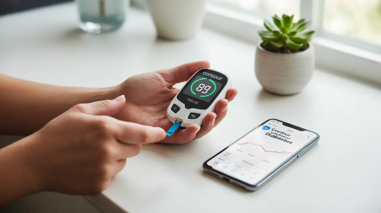 Person using Contour Next One glucose meter showing green SmartLIGHT, with smartphone displaying connected data from the CONTOUR DIABETES app in a bright setting