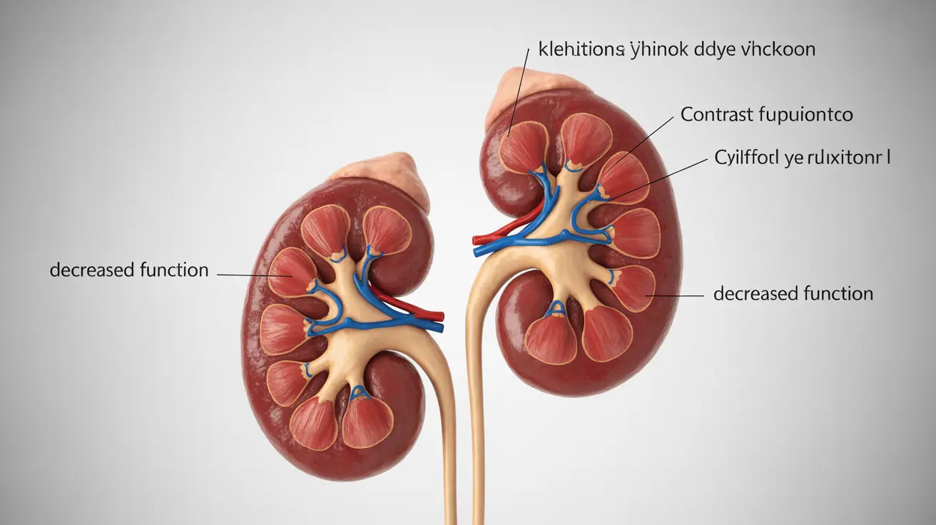 Illustration of contrast dye effects on kidneys with labels highlighting decreased function and symptoms on a white background