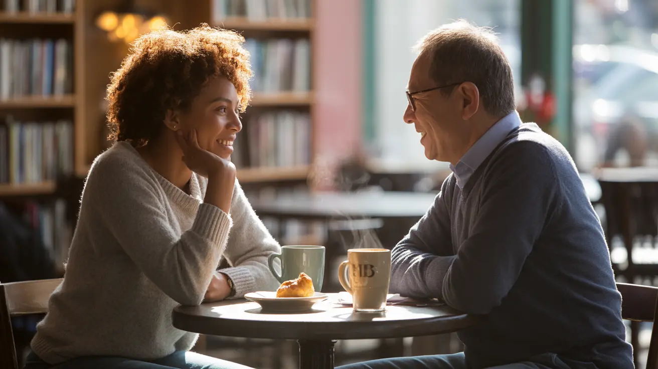 Two diverse individuals engaged in conversation at a cozy coffee shop, showing supportive social interaction.