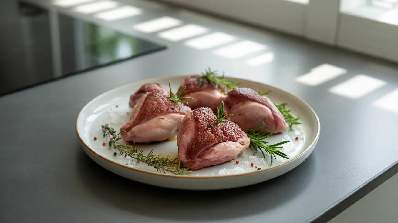 Close-up view of a plate with cooked chicken hearts garnished with fresh herbs on a modern kitchen table, illuminated by natural daylight.
