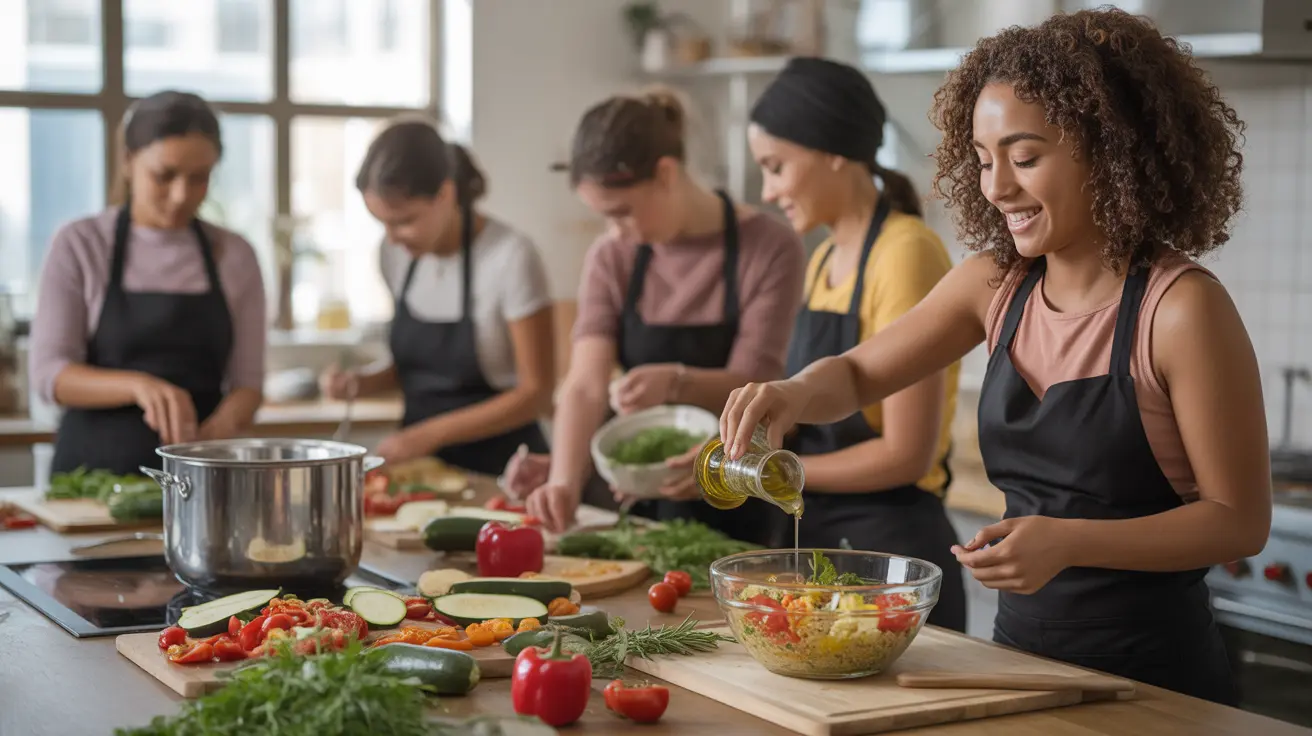 Diverse group of people engaged in a cooking class, preparing healthy meals with fresh ingredients in a bright, modern kitchen