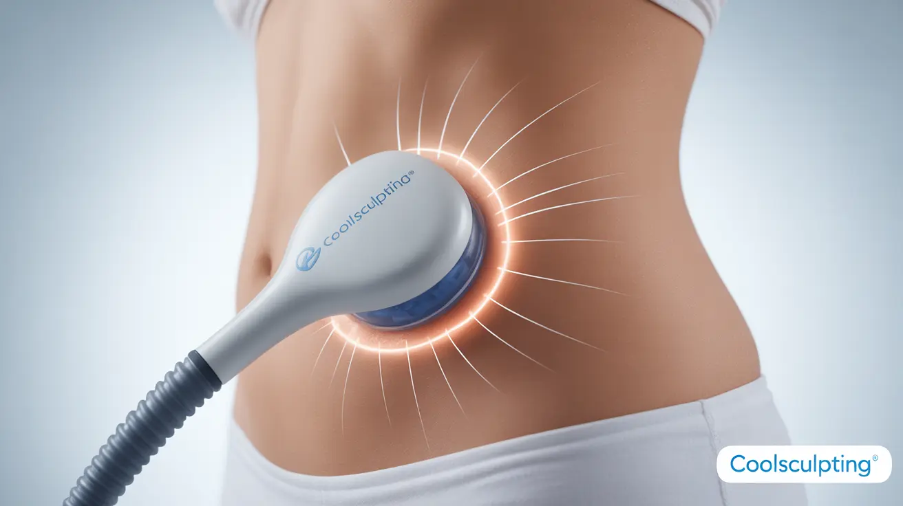 Detailed illustration of the CoolSculpting procedure showcasing cryolipolysis targeting fat cells with annotations in a bright clinical environment