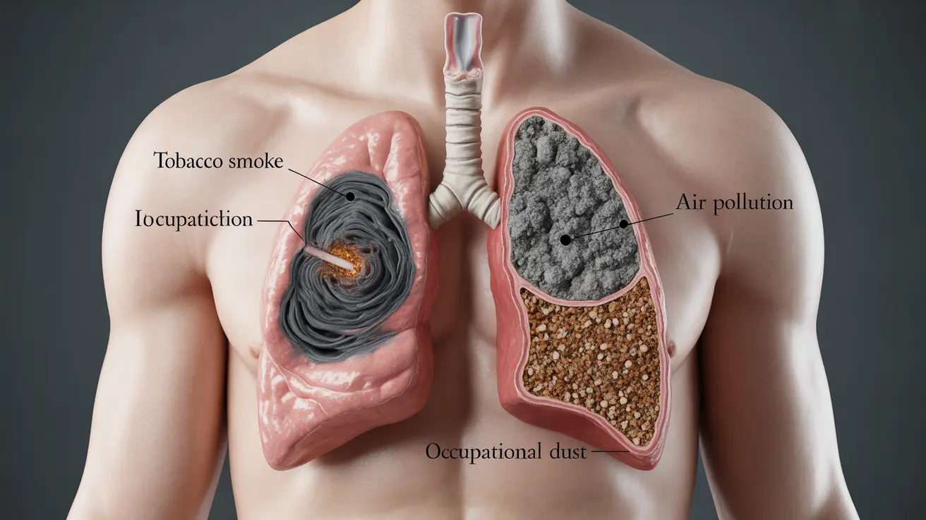 Detailed illustration of chronic obstructive pulmonary disease (COPD) causes, including elements representing tobacco smoke, air pollution, and occupational dust, set against a neutral clinical background.