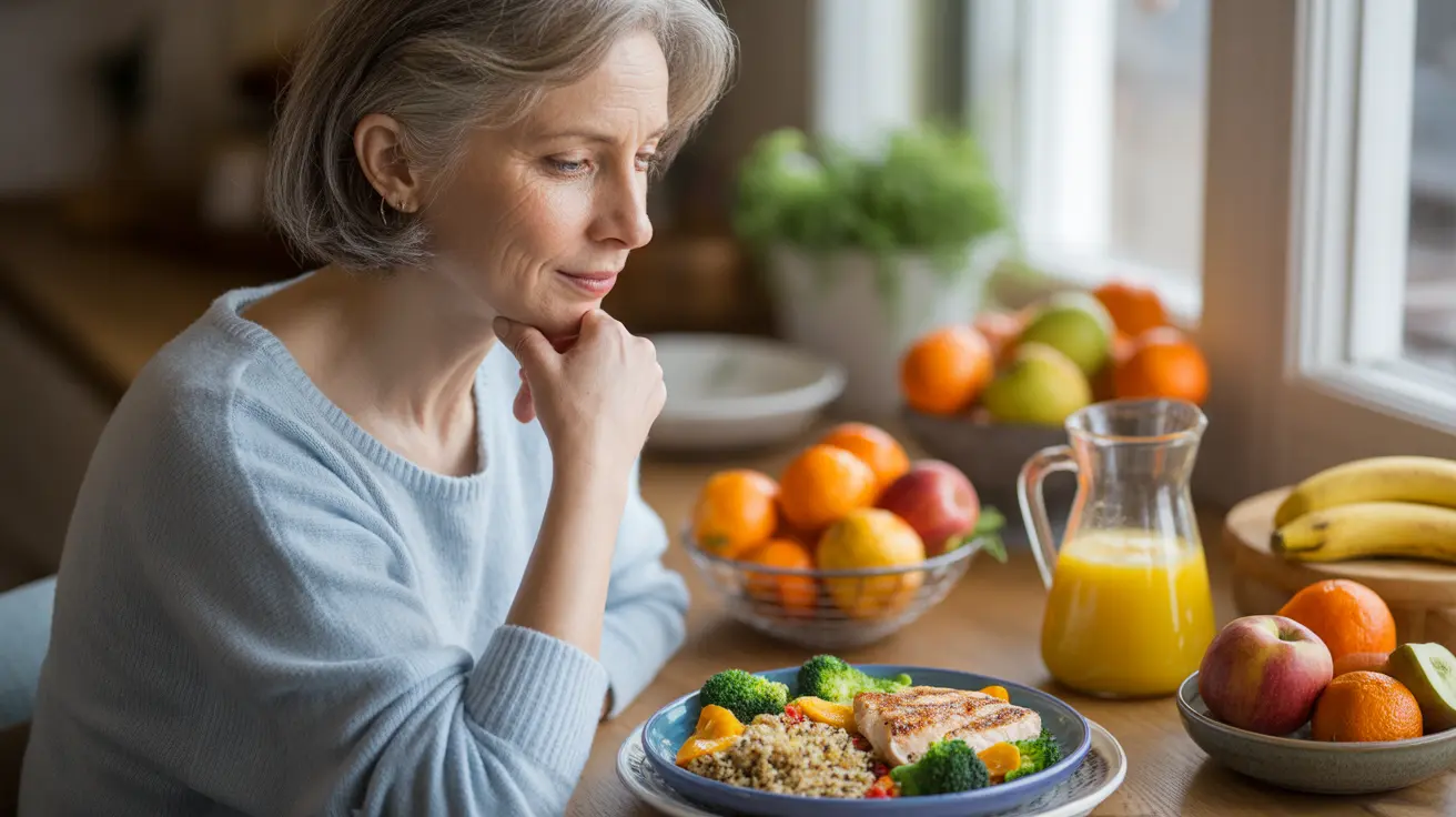 Middle-aged person with COPD sitting at kitchen table, eating nutritious meal of lean proteins, vegetables, and whole grains in warm lighting.