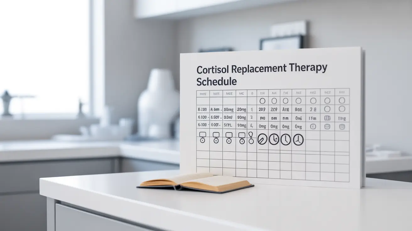 Illustration of cortisol replacement therapy schedule for Addison's disease, showing dosage throughout the day in a medical style